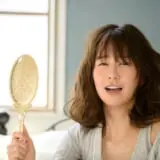 鏡を持って髪に悩んでいる女性