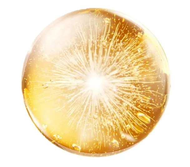 透明な球体の中に光が放射状に広がる様子を描いた画像。球体は黄色がかっており、細かい気泡が散りばめられている。背景は白。