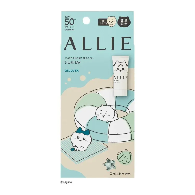 ALLIEの日焼け止めジェルUV EXのパッケージ。ちいかわのキャラクターが描かれており、数量限定の文字がある。