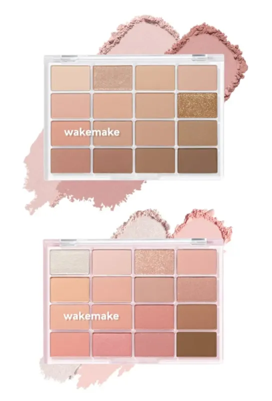 2つのアイシャドウパレットが写っている画像。パレットはそれぞれ12色で構成されており、様々な色合いのアイシャドウが並んでいる。パレットの横には、アイシャドウの色見本のような粉末が置かれている。