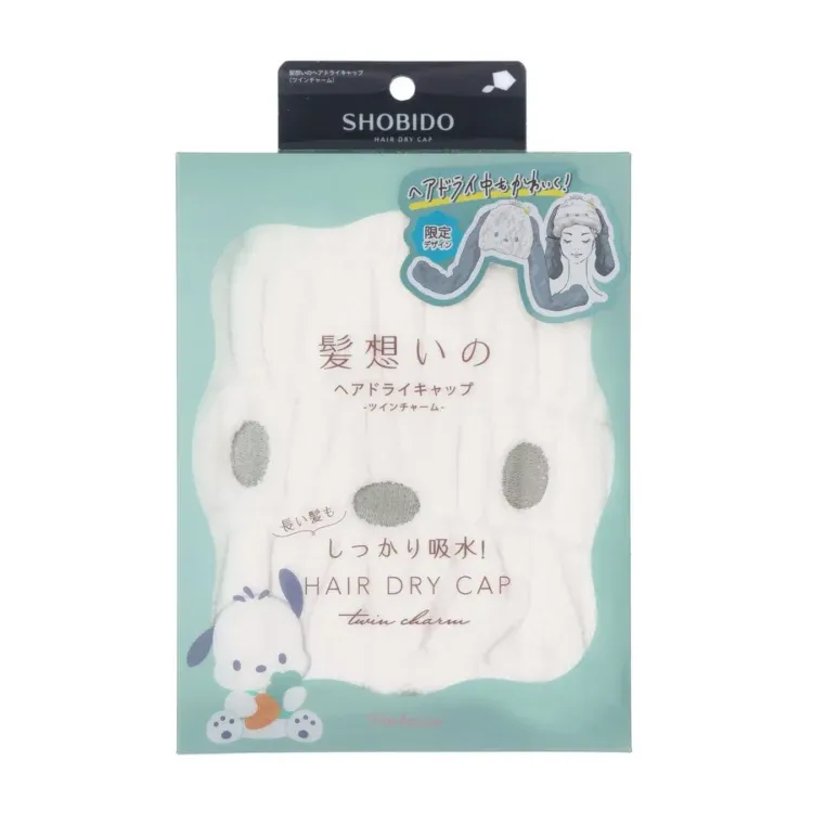 白いヘアドライキャップのパッケージ。キャラクターが描かれており、吸水性や限定デザインであることなどがアピールされている。